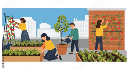 Diverse group of people tending rooftop vegetable garden in urban cityscape.