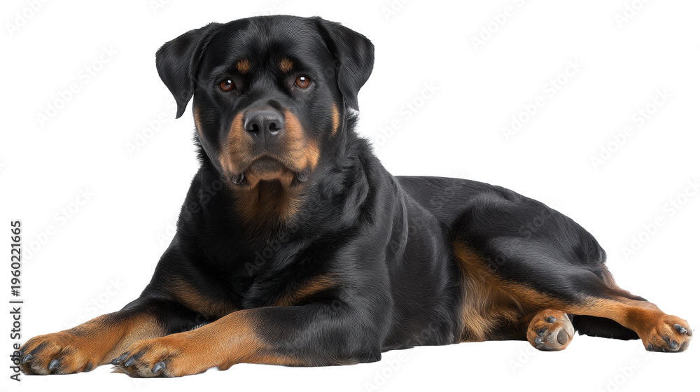 Fototapeta premium Rottweiler dog lying down front view studio cutout with black and tan coat and alert gaze