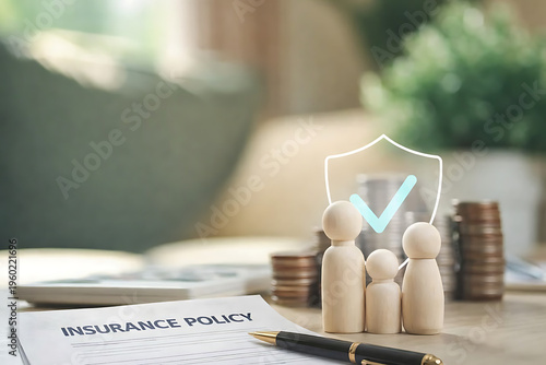 Family protected by insurance policy with shield and coins on table