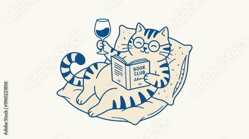 Charming blue line-art illustration of a relaxed cat lounging on a blanket and typing on a laptop with a cup nearby