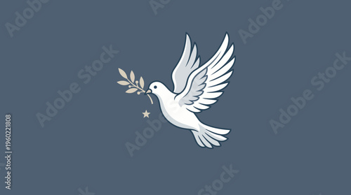 White dove in flight carrying an olive branch, symbol of peace, against a muted blue-gray background.