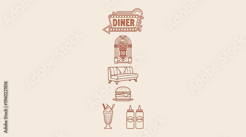 Vertical vintage diner icons set: retro signage and food illustrations arranged in a tall decorative strip