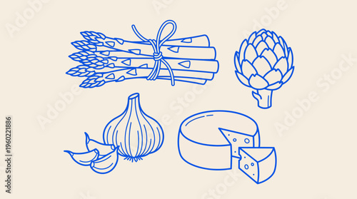 Blue line art illustration of fresh vegetables and cheese: asparagus, artichoke, garlic, onion, and a cheese wheel with wedge