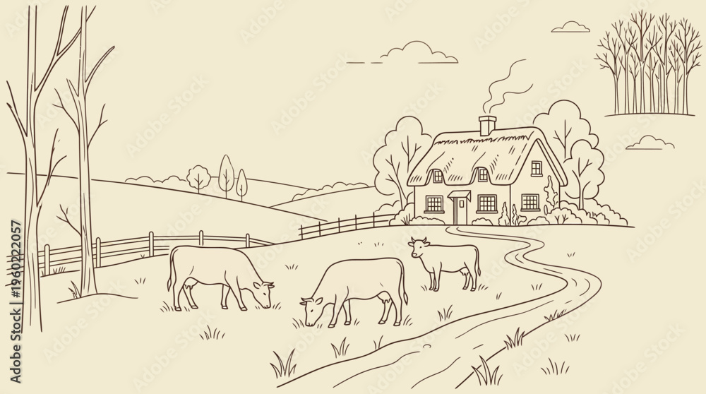 Fototapeta premium Pastoral countryside line art sketch of a farmhouse with grazing cows and a winding stream in a tranquil rural landscape