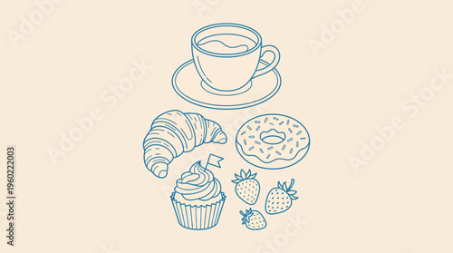 Blue line art illustration of tea time with pastries, featuring a croissant, donut, muffin, cupcake and a teacup on a beige background