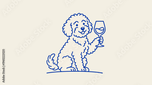 Whimsical blue line drawing of a happy dog holding a wine glass, a playful pet illustration for invitations, celebrations, gifts, and home decor.