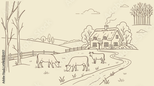 Pastoral countryside line art sketch of a farmhouse with grazing cows and a winding stream in a tranquil rural landscape