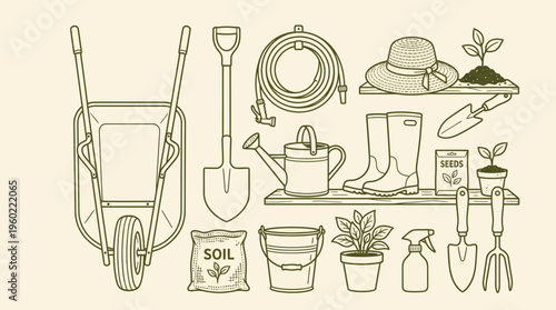 Hand-drawn illustration of essential garden tools and supplies for home gardening, including a wheelbarrow, hose, watering can, pots, soil, and small plants.