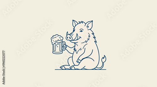 Whimsical blue line illustration of a cute cartoon dog sitting with a frothy beer mug, blending playful charm and cozy humor in a bold outline.