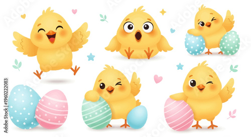 A colorful Easter mascot branding pack featuring cute cartoon chicks and decorated eggs on a pastel background, ideal for social media Easter Sunday designs