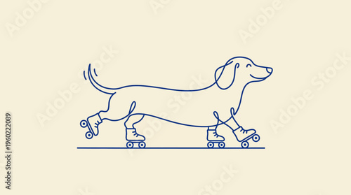 Whimsical dachshund on roller skates in blue line art illustration