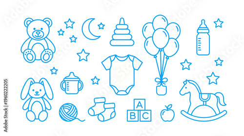 Blue line art icon set featuring baby themes: teddy bears, bottles, pacifiers, bibs, onesies, stacking rings, blocks, a rocking horse, balloons, moon and stars