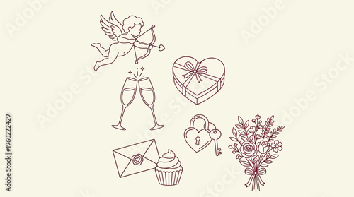 Romantic wedding doodle set with champagne toasts, heart, bouquet, envelope, cake and dove illustrations on a soft beige background