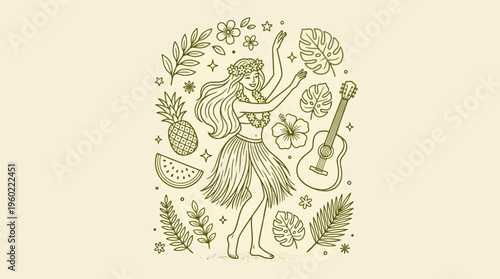 Vintage botanical illustration of a woman dancing with a guitar, surrounded by flowers, leaves, and fruit motifs in a nature-inspired decorative style
