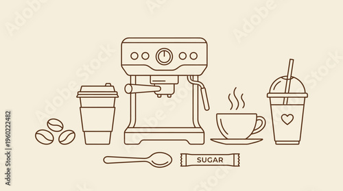 Delicate line-art illustration of a coffee setup with espresso machine, takeaway cup, sugar packet, spoon, beans, and a pastry