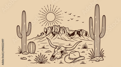 Desert landscape illustration with tall cacti, sun and mountains in vintage line art style