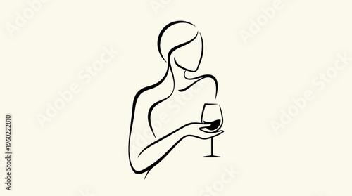 Minimalist monoline line drawing of a woman holding a wine glass, elegant lifestyle illustration for dining, wine tasting and celebration