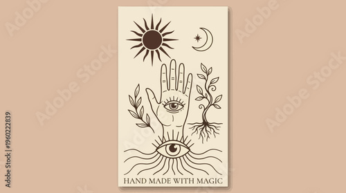 Hand-drawn palmistry card featuring sun and moon, a growing tree with roots and foliage, embodying handmade magic and mystical symbolism.