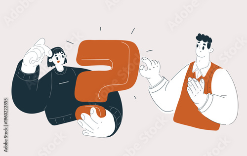 Cartoon vector illustration of woman holding question mark while confused man touches it, concept of uncertainty, problem solving and searching for answers