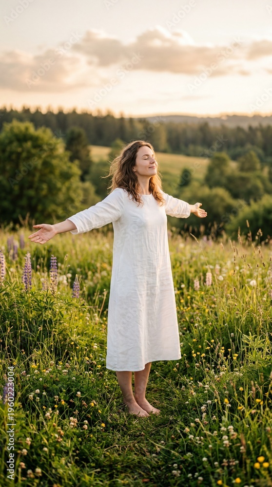 Fototapeta premium Woman in white dress standing with arms outstretched in a lush meadow at sunset enjoying nature and peace