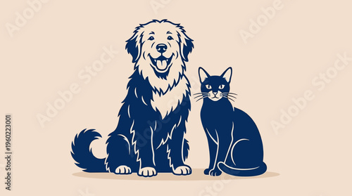 Friendly dog and cat sitting together in a minimalist blue silhouette illustration on beige background, showcasing canine and feline companionship