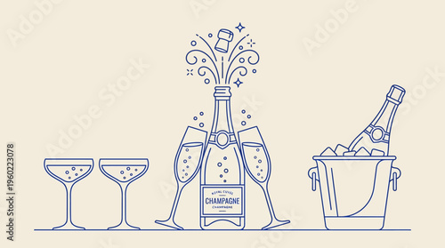 Celebration scene featuring a champagne bottle, two champagne coupe glasses, and an ice bucket illustration