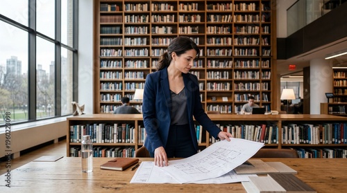 Professional woman architect examining blueprints on a wooden table in a library with floor to ceiling bookshelves in the background
