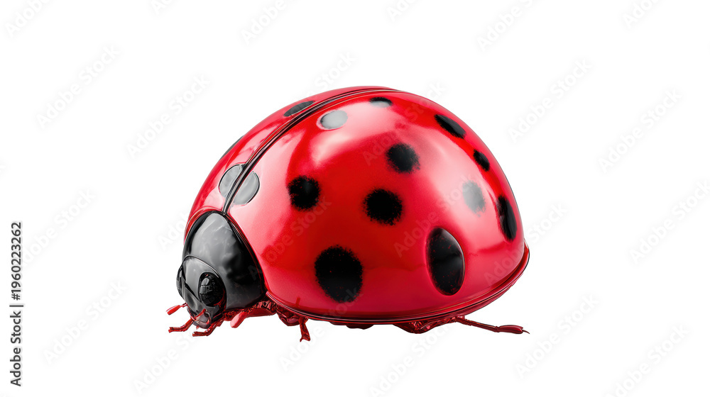 Naklejka premium Glossy red ladybug with black spots macro side view isolated on transparent background