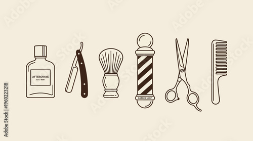 Barber tools and grooming accessories: bottle, straight razor, shaving brush, barber pole, scissors and comb