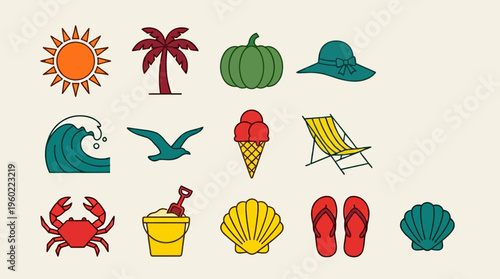 Colorful summer beach icon set with sun, palm tree, wave, seagull, ice cream, beach chair, flip flops, seashells, crab, bucket and shovel, hat, pumpkin and tropical elements