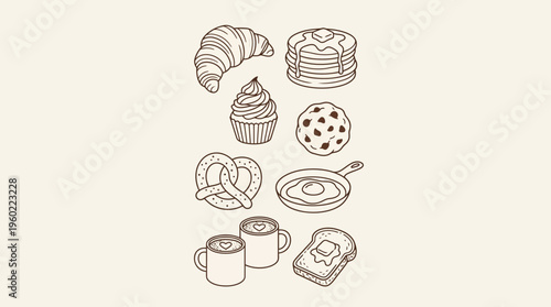 Hand-drawn bakery illustration set featuring croissants, bagels, donuts, pastries, bread and coffee cups in a beige sketch style
