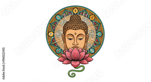 Buddha head with pink lotus flower.