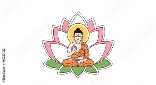 Buddha sitting on lotus flower meditating.