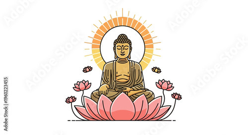 Buddha sitting on lotus flower peacefully.