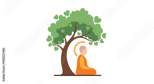 Buddha sitting under tree meditating peacefully.