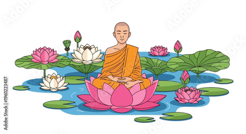 Buddha sitting on pink lotus flower.