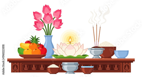 Buddhist altar with offerings and incense.