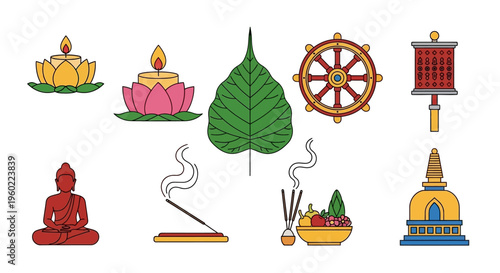 Buddha statues and religious symbols.