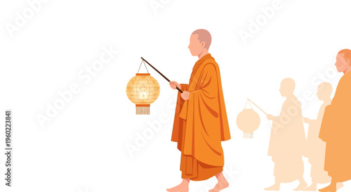 Buddhist monk holding a lantern walking.
