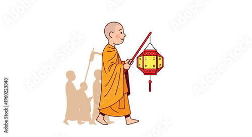 Buddhist monk holding red lantern.