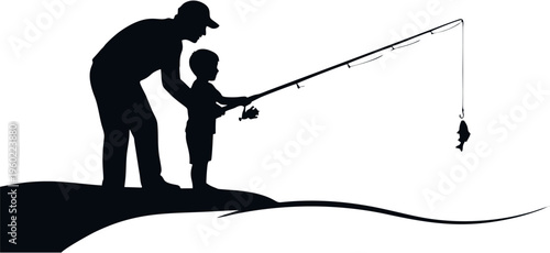 A beautiful silhouette of a father and son fishing, highlighting the joy of family bonding, intergenerational connection, and the creation of cherished outdoor memories
