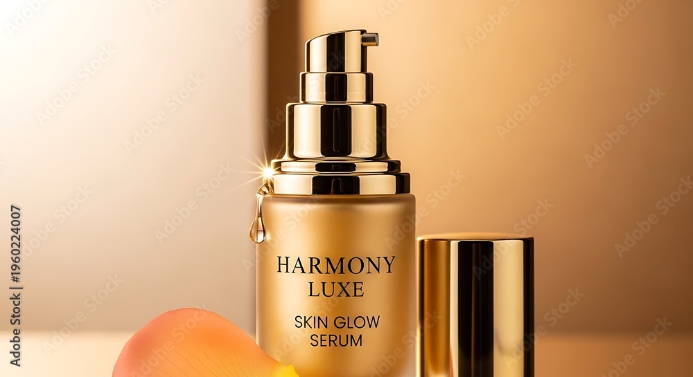 Naklejka premium Premium golden skin glow serum bottle with glistening drop
