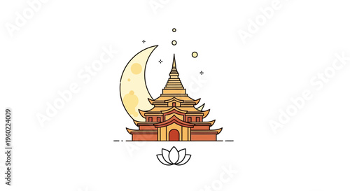 Buddhist temple with crescent moon.