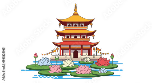 Chinese Pagoda with Lotus Flowers.