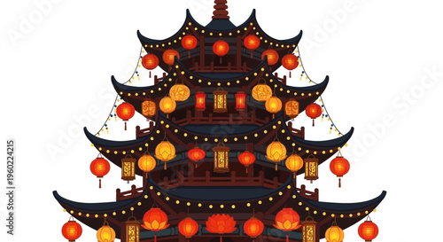 Chinese pagoda with red lanterns decoration.