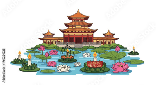 Chinese temple on a serene lake.