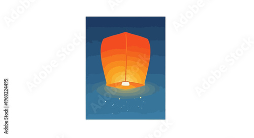 Glowing lantern flying in night sky.
