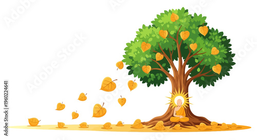 Golden coins spilling from tree trunk.