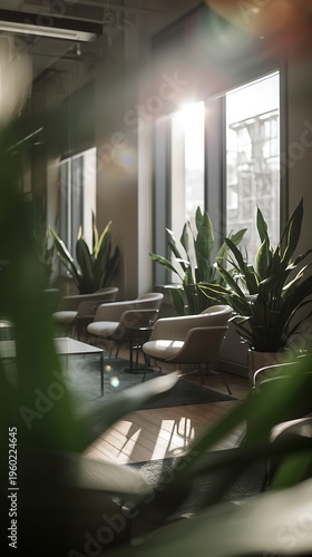 Generative AI Modern Interior Design Lounge with Sunlit Large Windows and Green Plants
