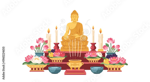 Golden Buddha Statue with Offerings.